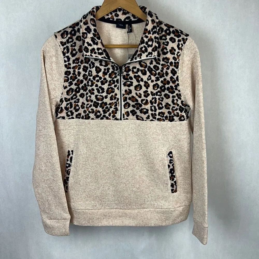 NEW Cruel Denim Cream & Leopard Half Zip Sweater Pullover Womens Sz XS Fleece